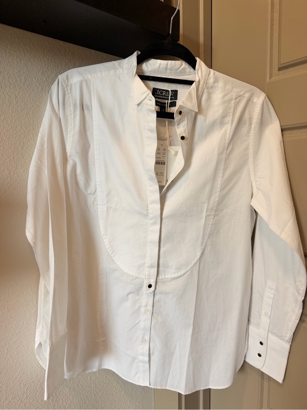 J. Crew Jules Tuxedo Shirt in Cotton Poplin | White with black/gold buttons - Picture 3 of 7